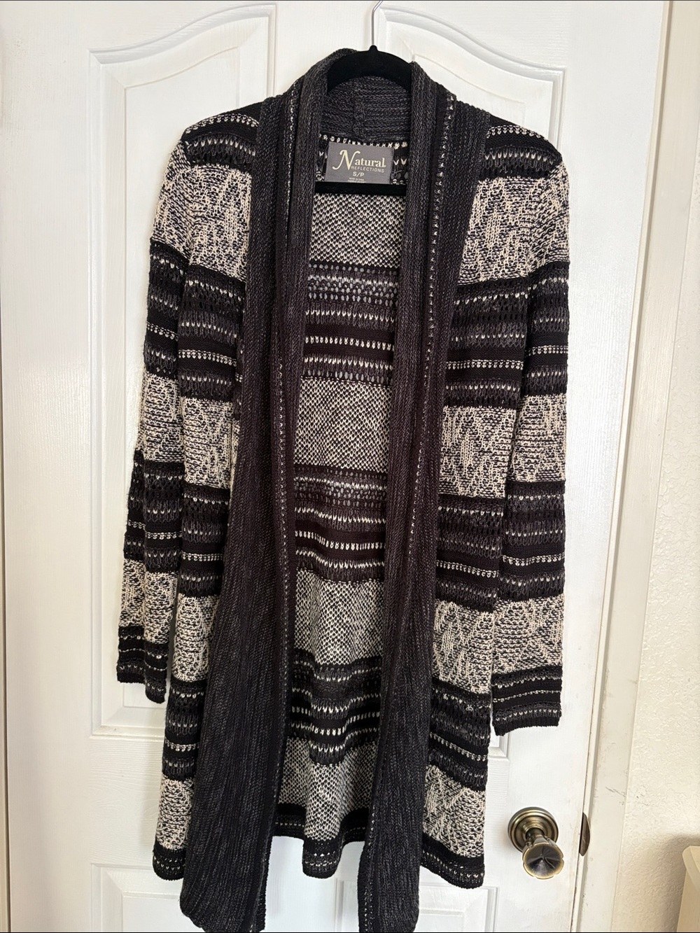 Natural Reflections Black and Cream Knit Open Cardigan